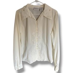 Vintage Elizabeth Williams Blair Cream Embroidered Lace Sheer Blouse